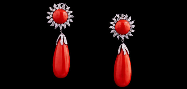 Coral Tear-Drop Earrings With Diamonds